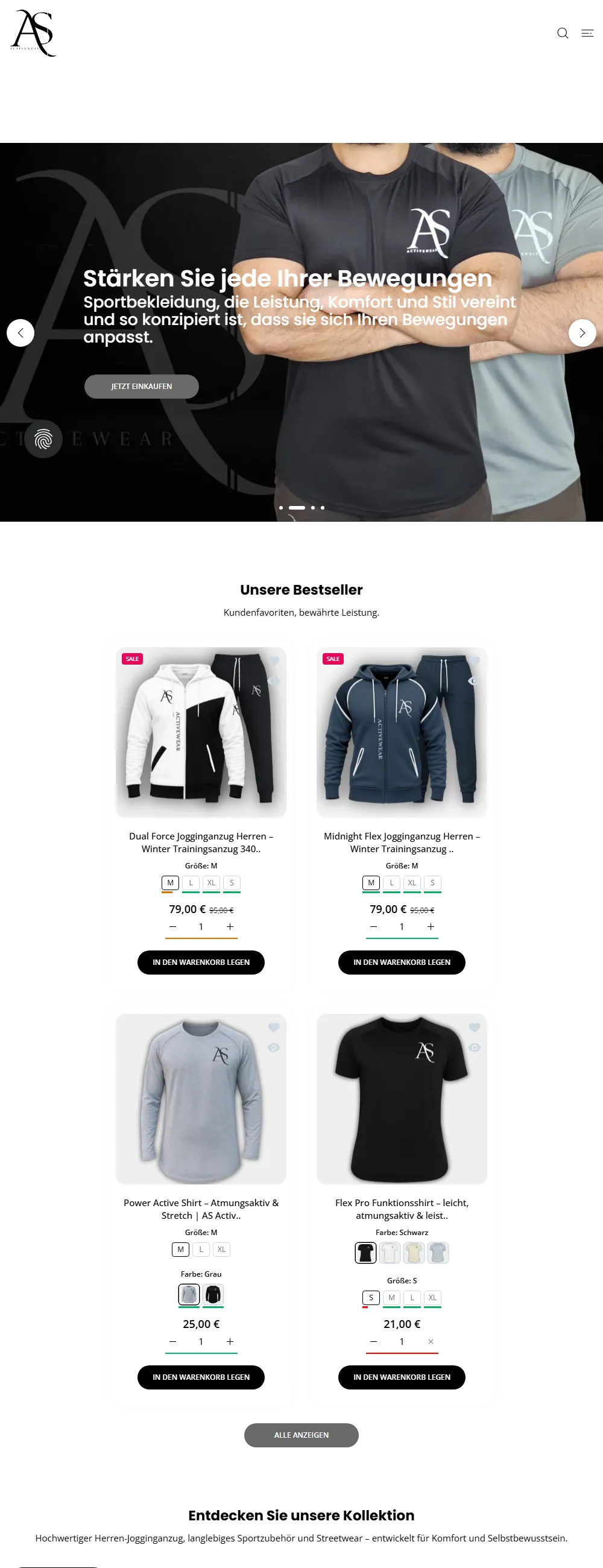 AS Activewear home page on a desktop screen