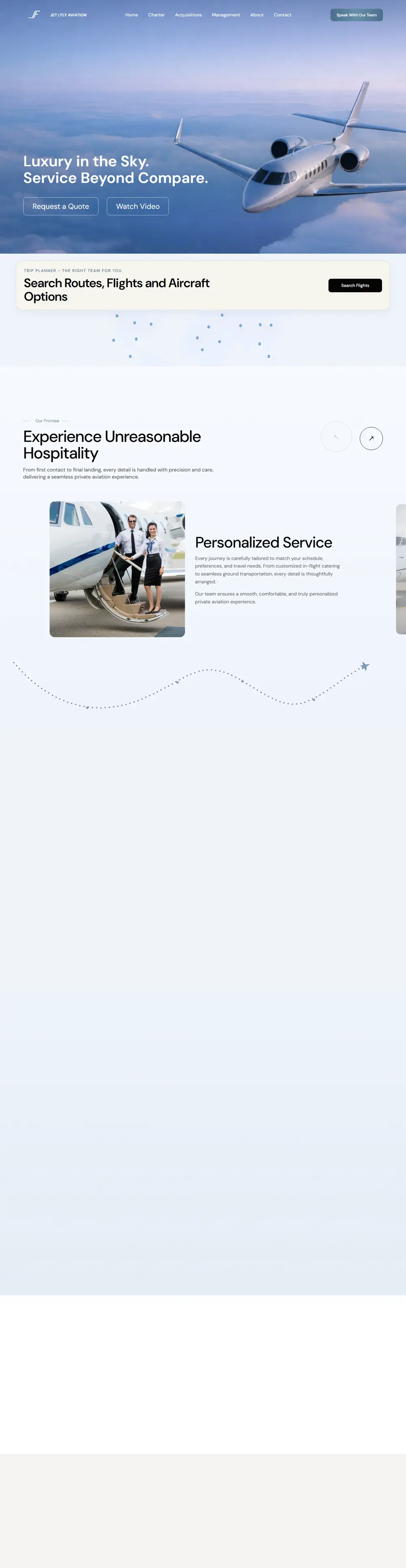 Jet Fly Aviation home page on a desktop screen