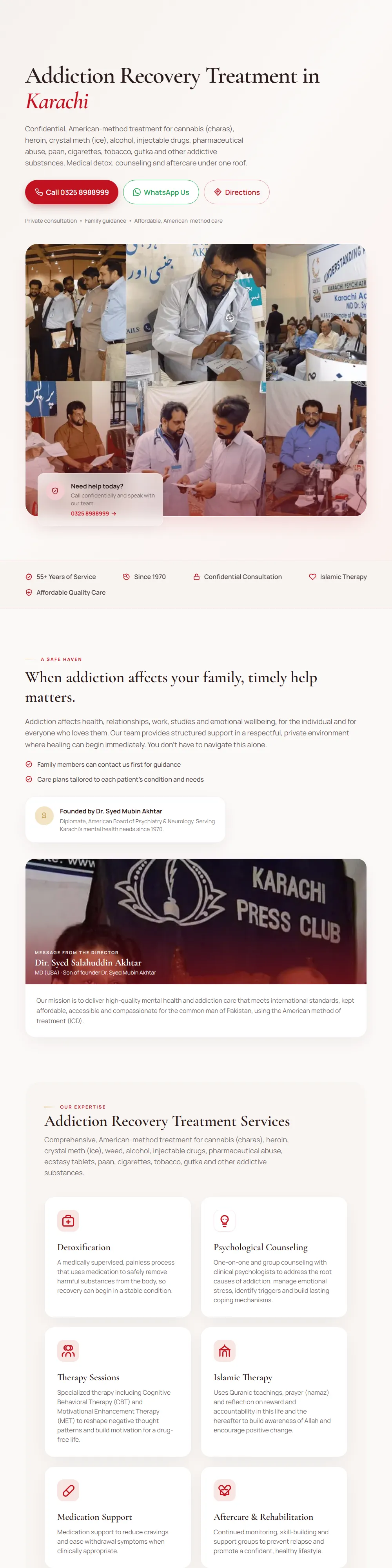 Karachi Addiction Hospital home page on a desktop screen