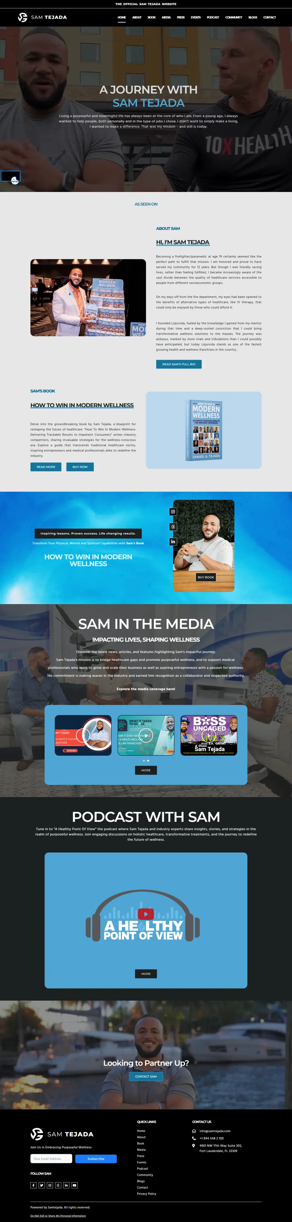 Sam Tejada home page on a desktop screen